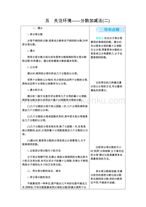 青島版（六年制）五年級下冊 五、關(guān)注環(huán)境——分?jǐn)?shù)加減法(二) 單元復(fù)習(xí)（知識點）