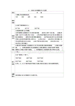 冀教版二年級下冊數學 3.4 1000以內數的大小比較 學案