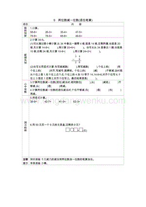冀教版一年級下冊數學 5.9兩位數減一位數(退位筆算) 導學案