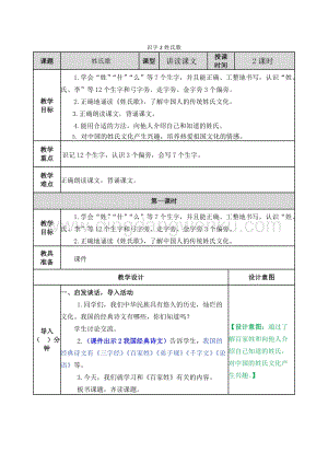 人教部編版（五四制）一年級(jí)下冊(cè)語文 識(shí)字2姓氏歌 教案.docx