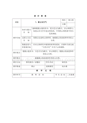三年級(jí)下冊(cè)綜合實(shí)踐活動(dòng)表格式教案-7、看云識(shí)天氣-長(zhǎng)春版.docx