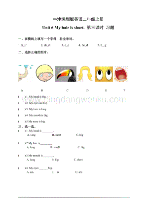 牛津版（深圳用）二年級上冊英語 Unit 6 My hair is short.第三課時 習題