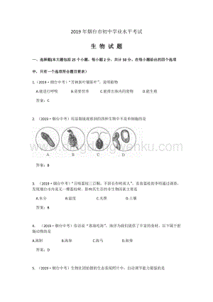 2019年山東省煙臺市中考生物試題(word版含答案）.docx