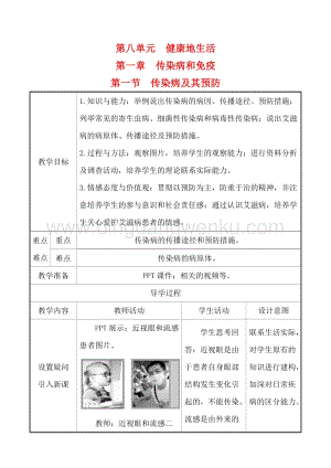 人教版八年級下冊生物8.1.1 傳染病及其預防教案.doc