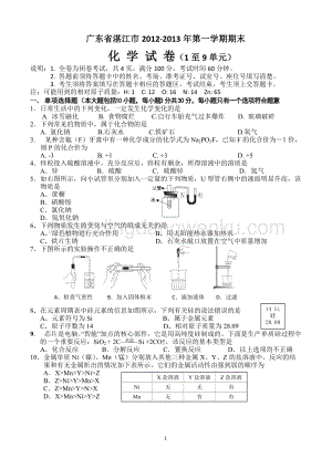 人教版九年級上冊化學廣東省湛江市年期末考試（1至9單元）及答案 .doc