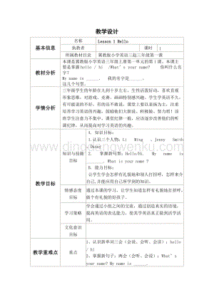 冀教版三年級上冊英語教案-Lesson1Hello 教學設計.doc