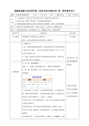 人教部編版四年級下冊道德與法制這些東西哪里來第一課時教案.doc