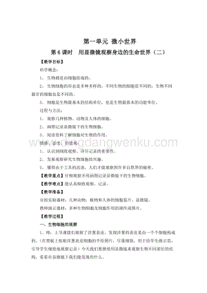 教科版六年級下冊科學第6課時用顯微鏡觀察身邊的生命世界（二）教案.doc