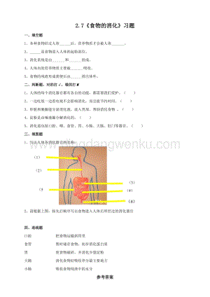 粵教粵科版三年級下冊科學2.7食物的消化習題設計.doc