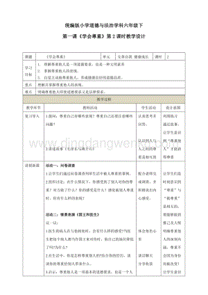 部編版六年級下冊道德與法治第一課《學會尊重》第2課時教學設計.doc