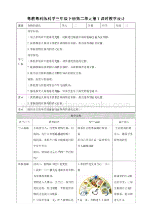粵教粵科版小學科學三下第二單元第7課時《食物的消化》教案.doc