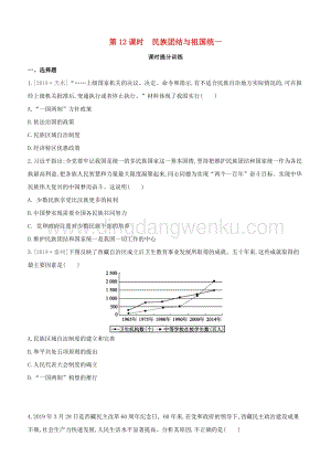 2020中考歷史復習方案第二部分中國現代史第12課時民族團結與祖國統一課時提分訓練.docx