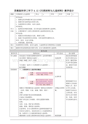 蘇教版三年級下冊科學教案4.12《天然材料與人造材料》教學設計.doc