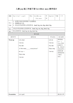 人教版PEP三年級下冊英語Unit 6 How many PartA Let’s spell 教案.doc