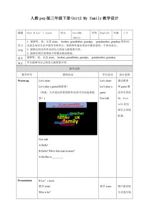 人教版PEP三年級下冊英語Unit2MyfamilyPartBLetslearn(教案）.doc