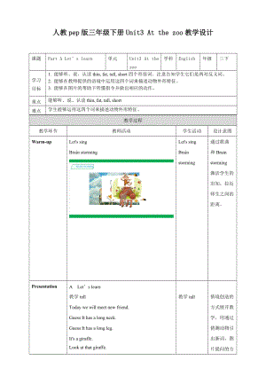 人教版PEP三年級下冊英語Unit3AtthezooPartALetslearn(教案）.doc