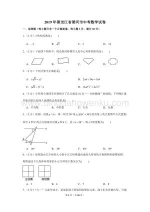 2019年黑龍江省黑河市中考數(shù)學(xué)試卷.doc