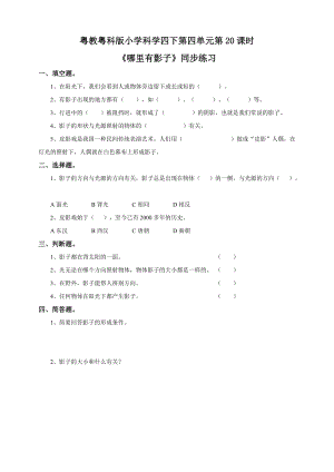 粵教粵科版小學科學四下第四單元第20課《哪里有影子》練習題附答案.doc