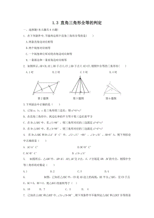 湘教版八年級下冊數學1.3 直角三角形全等的判定1 練習題含答案.doc