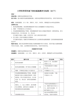 教科版四年級下冊科學實驗抽測評分標準（10個）.doc