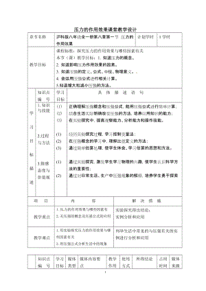 滬科版八年級物理8.1《壓力的作用效果》教案（黃老師廣西省級優(yōu)課）.doc