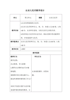 北京課改版一下數(shù)學(xué)3.1《認(rèn)識(shí)人民幣》教案（朱老師公開課）.docx