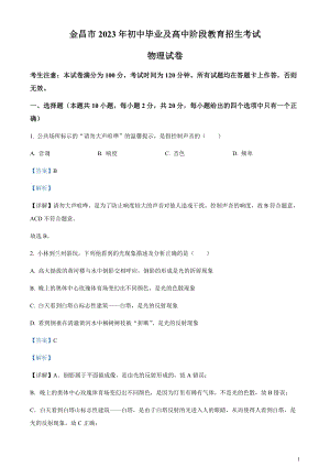 2023年甘肅省金昌市中考物理試題（剖析版）.docx