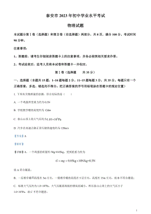 2023年山東省泰安市中考物理試題（剖析版）.docx