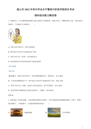 2023年四川省眉山市中考理綜物理試題（剖析版）.docx