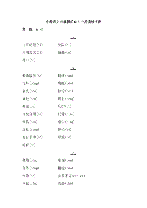 中考語(yǔ)文必須掌握的616個(gè)易讀錯(cuò)字音.docx
