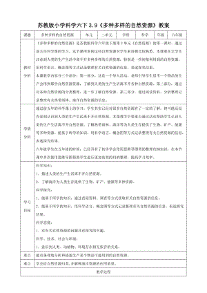 蘇教版六年級下冊科學3.9《多種多樣的自然資源》教學設計.doc
