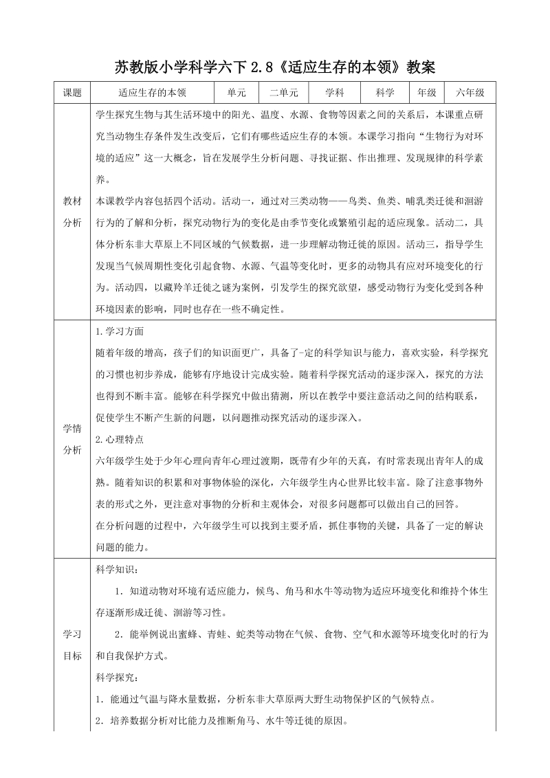 蘇教版六年級下冊科學2.8適應生存的本領課件+教案+視頻素材.rar