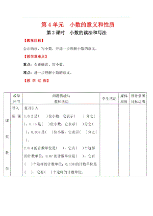 人教版四年級下冊數學4.2《 小數的讀法和寫法》教案含教學反思.docx
