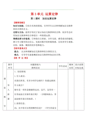 人教版四年級下冊數學3.1加法運算定律教案含教學反思.docx