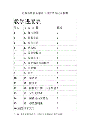 海燕出版社五年級下冊勞動與技術教案（全冊共23頁）.docx