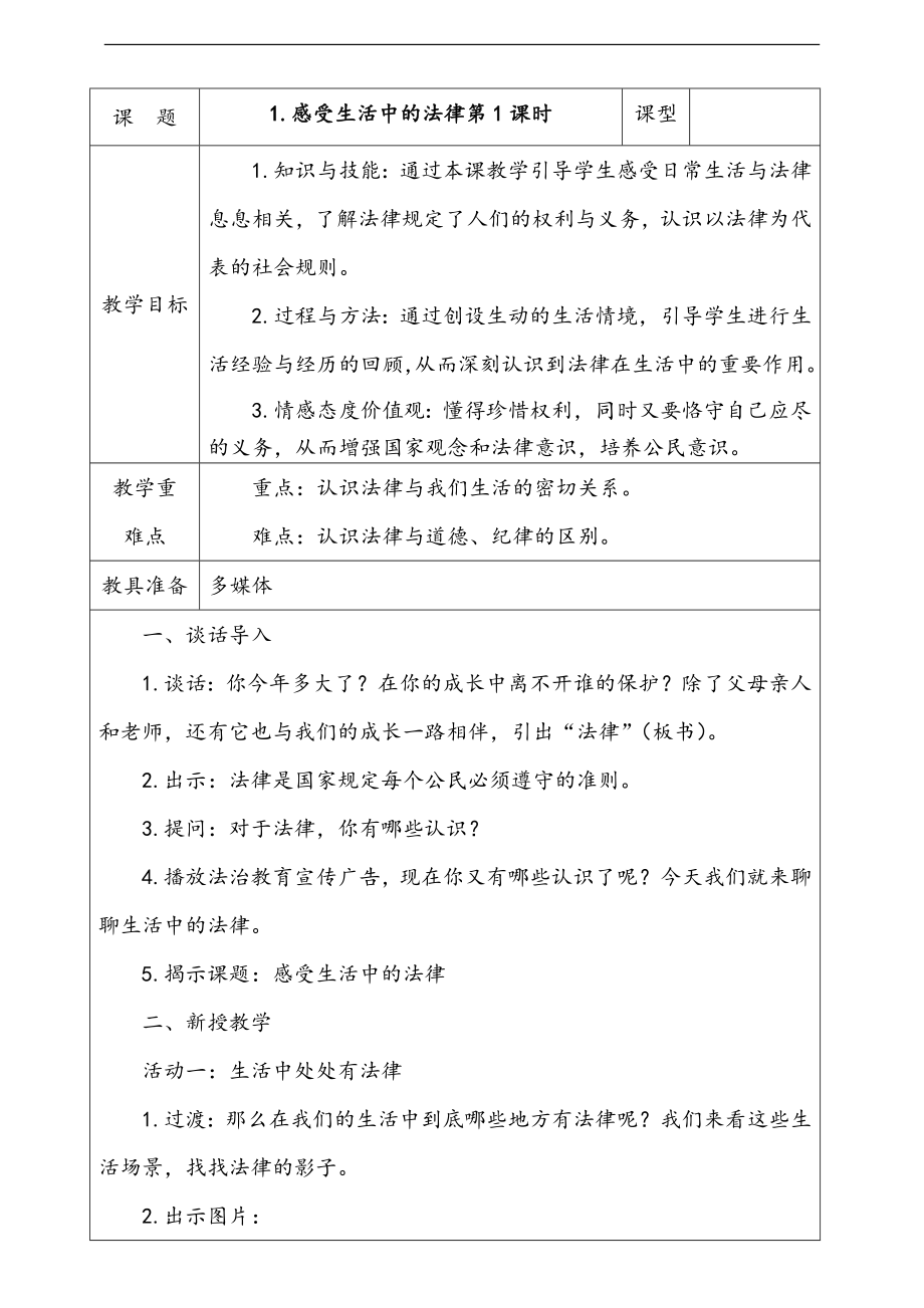 人教部編版道德與法治六年級上冊1.感受生活中的法律第1課時課件+配套教案+視頻素材.zip