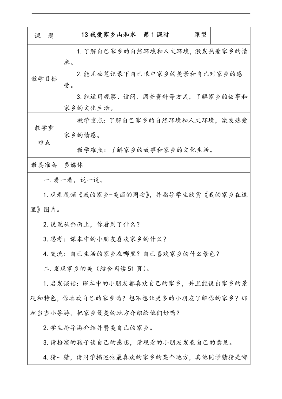部編版二上道德與法治13.我愛家鄉(xiāng)山和水第1課時(shí)課件+配套教案+視頻素材.zip