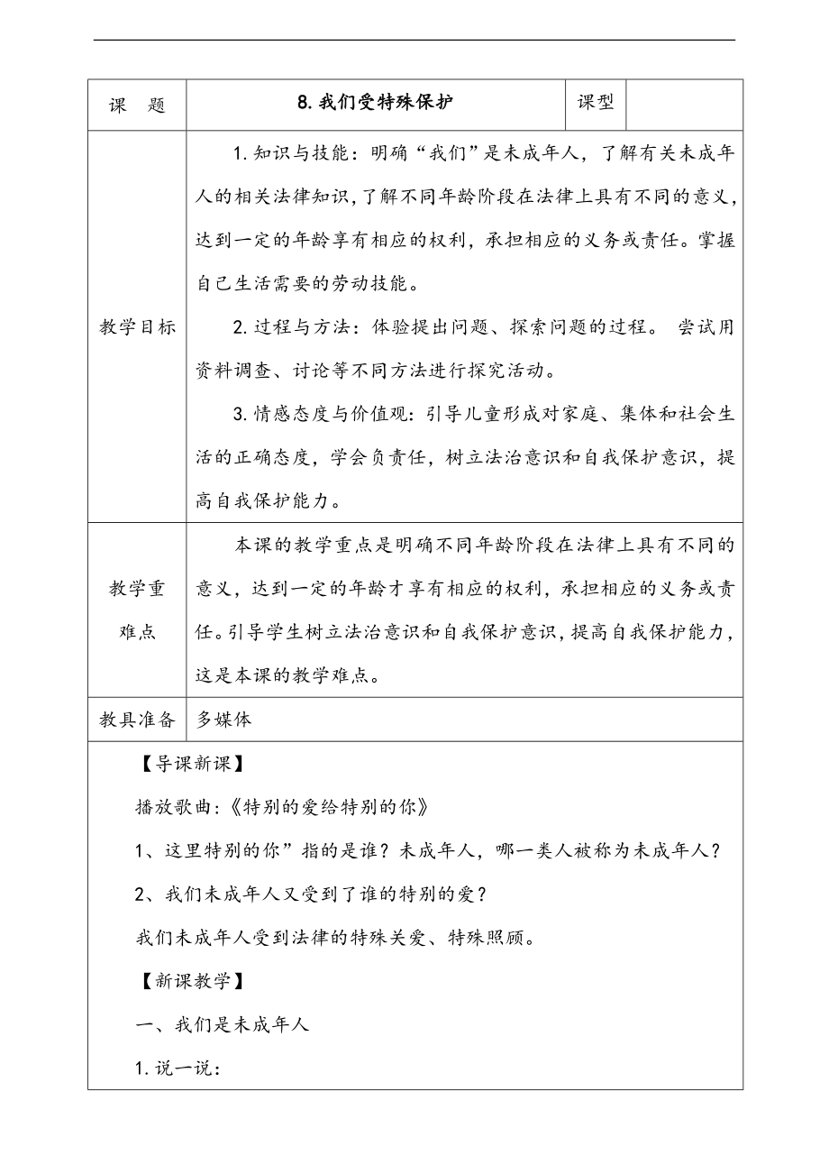 人教部編版道德與法治六年級上冊8.我們受特殊保護 第1課時 課件+配套教案+音頻素材.zip