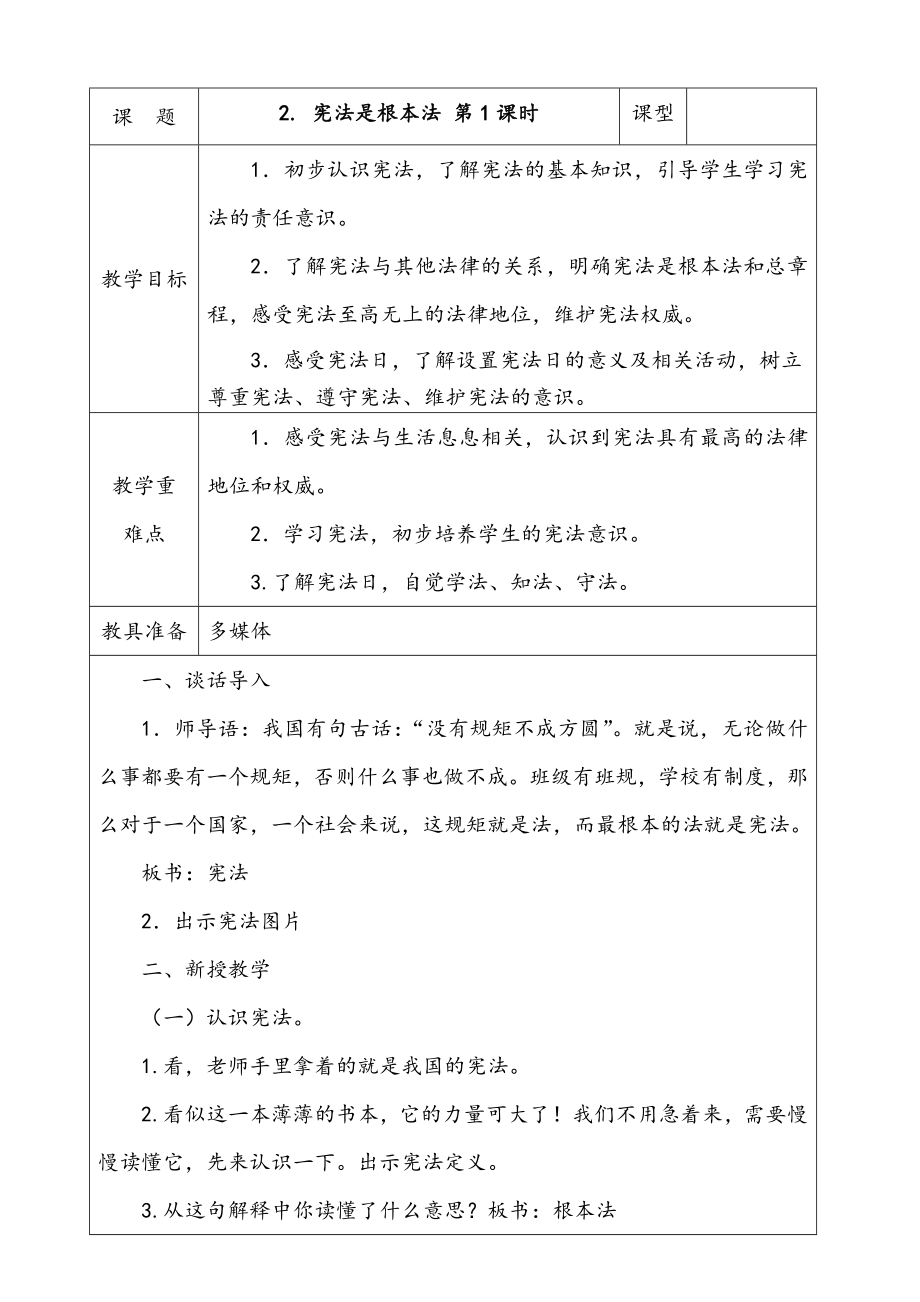 人教部編版道德與法治六年級(jí)上冊(cè)2. 憲法是根本法 第1課時(shí) 課件+配套教案+視頻素材.zip