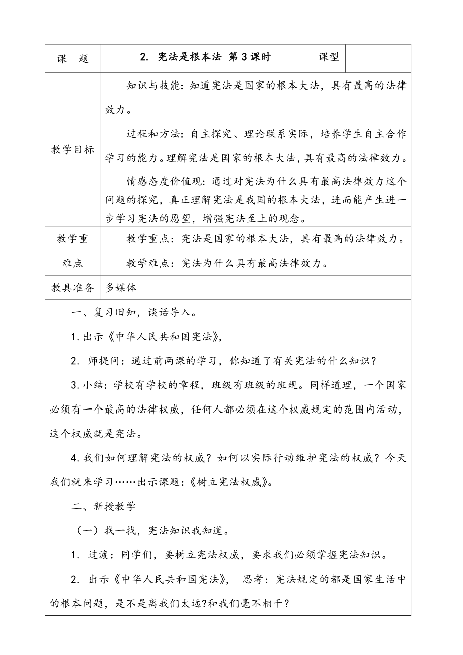 人教部編版道德與法治六年級上冊2. 憲法是根本法 第3課時 課件+配套教案+視頻素材.zip