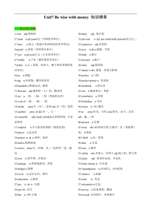 24新譯林版七年級上英語Unit7Bewisewithmoney知識清單（記憶版）.docx