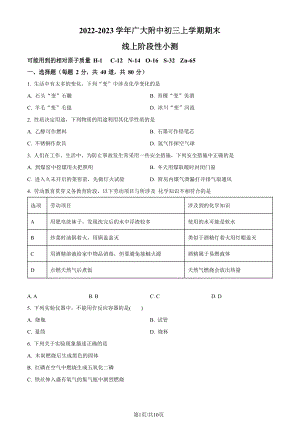 廣東省廣州市越秀區廣大附中2022-2023學年九年級上學期期末化學試題（含答案）.docx