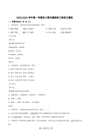 廣東省廣州市南武中學(xué)2023-2024學(xué)年九年級(jí)上學(xué)期期末語文試題（答案）.docx