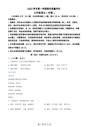 廣東省廣州市花都區2023-2024學年九年級上學期期末語文試題（答案）.docx