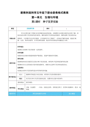 新教科版科學五年級下冊全冊表格式核心素養目標教案（共60頁）.docx