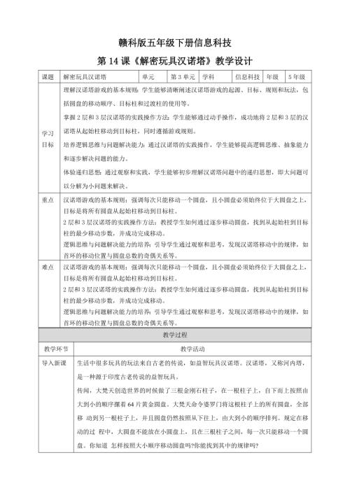 贛科版五年級下冊信息科技第14課《跨學科主題：解密玩具漢諾塔》教學設計.doc