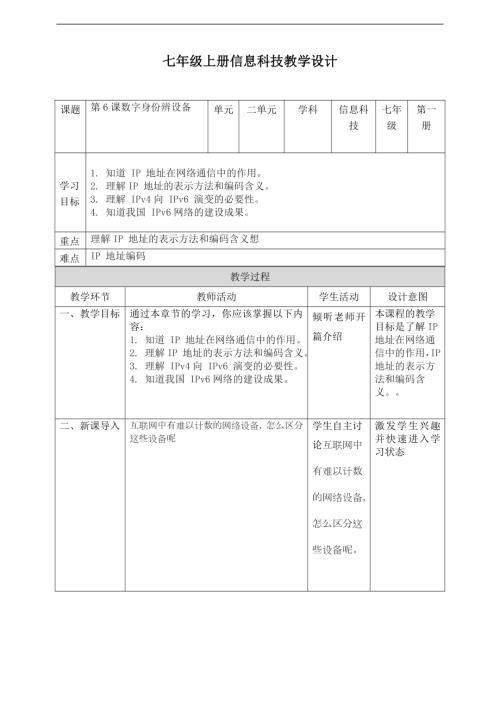 義務教育版七年級信息科技第06課數字身份辨設備教案.doc