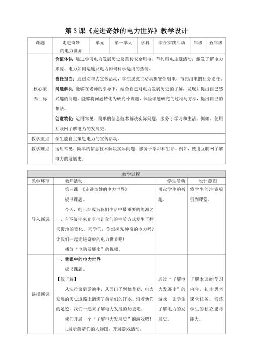 蘇少版五年級下冊綜合實踐活動1.3《走進奇妙的電力世界》教案.doc