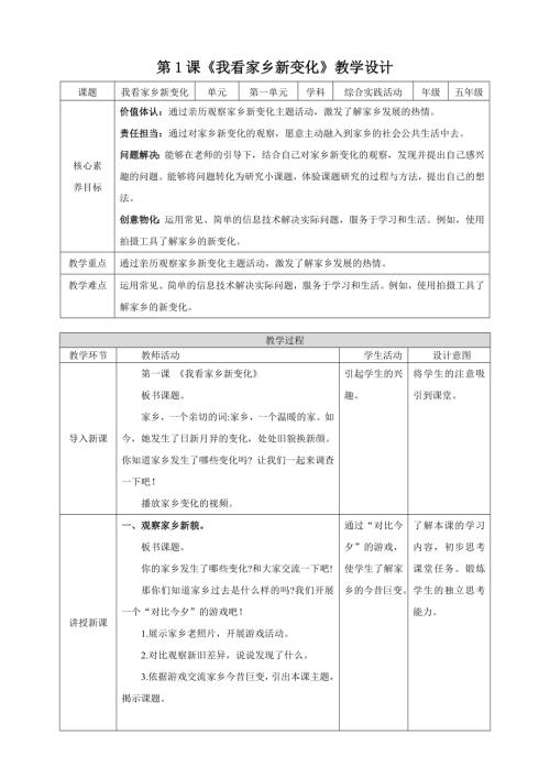 蘇少版五年級下冊綜合實踐活動1.1我看家鄉新變化教案.doc