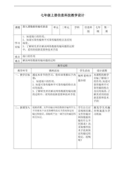 義務教育版七年級信息科技第09課《數據傳輸有新意》教案.doc